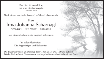 Traueranzeige von Irma Johanna Scharnagl von Pegnitz-Zeitung